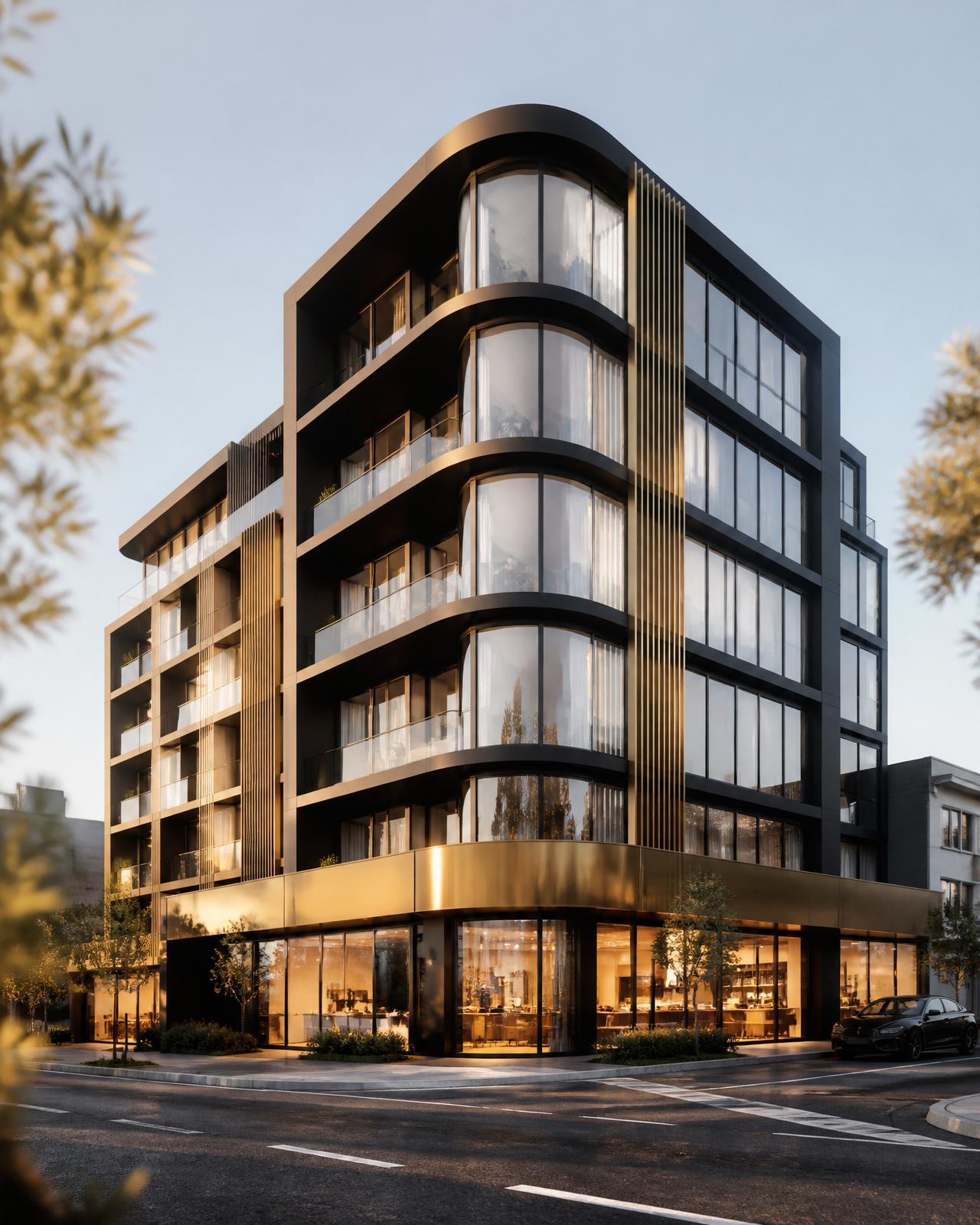Modern residential and commercial building facade at dusk