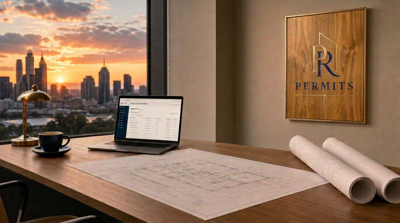 Permit administration workspace with laptop, blueprints and city view at dusk
